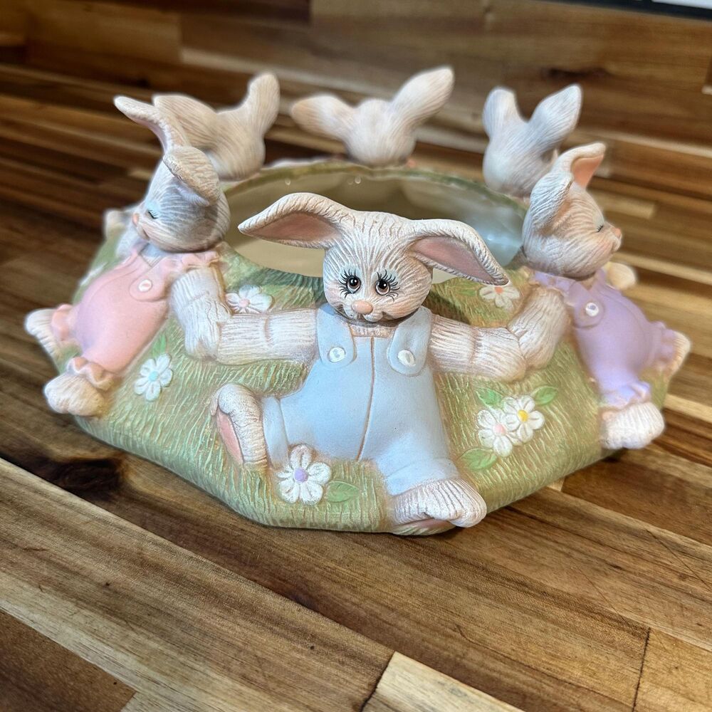 Vintage Ring of Rabbits Ceramic Pillar Candle Holder, Planter, Dish- 4” h x 10”